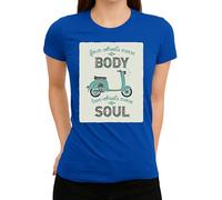 Four Wheels Move The Body Two Wheels Move The Soul - T-shirt rétro pour femme avec inscription en allemand « Move The Soul », bleu, M