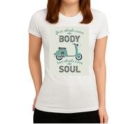 Four Wheels Move The Body Two Wheels Move The Soul - T-shirt rétro pour femme avec inscription en allemand « Move The Soul », Blanc., L