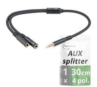 fouraces AUX y Splitter - 4 pôles, Câble adaptateur très court - 30 cm - 3,5 mm - 2 connecteurs casque pour PC - jack splitter, répartiteur audio, double cable