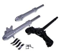 Fourche avant compatible avec Yamaha Aerox 50, compatible avec MBK Nitro 50 | Té noir lisse, tubes argentés 30 millimètres, prise d'axe 10 millimètres; kit adaptateur garde-boue Streetfighter/MTKT inclus
