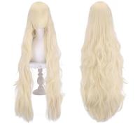 Fouriding 100cm Perruques Longues ondulées avec Frange pour Femmes, Perruque Cosplay Naturelle à Cheveux Bouclés Ondulés pour Halloween Fête Costumée Usage quotidien (Or blanc)