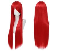 Fouriding 80cm Perruque Longue et Droite de pour Femmes, Frange sur le Côté Perruque Droite pour Cosplay Halloween Fête Costumée Utilisation Quotidienne 31,5 Pouces (Rouge)