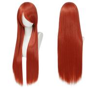 Fouriding 80cm Perruque Longue et Droite de pour Femmes, Frange sur le Côté Perruque Droite pour Cosplay Halloween Fête Costumée Utilisation Quotidienne 31,5 Pouces (Rouge orangé)