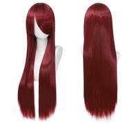 Fouriding 80cm Perruque Longue et Droite de pour Femmes, Frange sur le Côté Perruque Droite pour Cosplay Halloween Fête Costumée Utilisation Quotidienne 31,5 Pouces (Bordeaux)