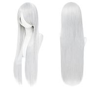 Fouriding 80cm Perruque Longue et Droite de pour Femmes, Frange sur le Côté Perruque Droite pour Cosplay Halloween Fête Costumée Utilisation Quotidienne 31,5 Pouces (Blanc argenté)