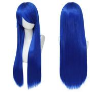 Fouriding 80cm Perruque Longue et Droite de pour Femmes, Frange sur le Côté Perruque Droite pour Cosplay Halloween Fête Costumée Utilisation Quotidienne 31,5 Pouces (Bleu foncé)