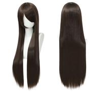 Fouriding 80cm Perruque Longue et Droite de pour Femmes, Frange sur le Côté Perruque Droite pour Cosplay Halloween Fête Costumée Utilisation Quotidienne 31,5 Pouces (Marron)