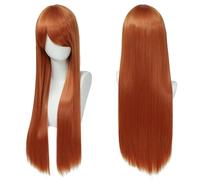 Fouriding 80cm Perruque Longue et Droite de pour Femmes, Frange sur le Côté Perruque Droite pour Cosplay Halloween Fête Costumée Utilisation Quotidienne 31,5 Pouces (Orange)