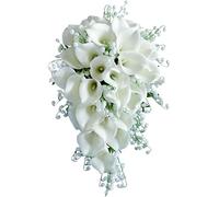 Fouriding Bouquet de lys calla artificiel blanc pour mariée, Bouquet de mariée gouttes d'eau pour lys calla pour cérémonie, anniversaire, fête, douche nuptiale, décoration de mariage