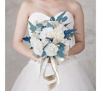 Fouriding Bouquet de mariage artificiel de style vintage avec roses blanches et bleues (grand)