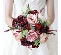 Fouriding Bouquet de mariage de style vintage artificiel à la main avec roses rouges, fleurs de mariée, bouquet de mariée, demoiselle d'honneur, bouquet de décoration de mariage