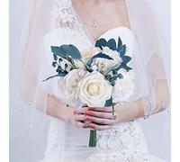 Fouriding Bouquet de mariage de style vintage, blanc crème et bleu, bouquet de mariée, bouquet de demoiselle d'honneur, décoration de mariage (petit)