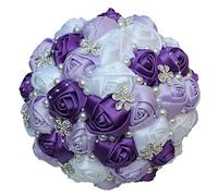 Fouriding Bouquet de Mariage Deluxe Strass Perles Fleurs Ruban pour Mariée Demoiselle d'honneur(Pourpre+Blanc,18CM)