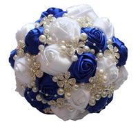 Fouriding Bouquet de Mariage Deluxe Strass Perles Fleurs Ruban pour Mariée Demoiselle d'honneur (Royal Bleu-Blanc, 24cm)