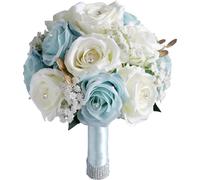 Fouriding Bouquet de mariage pour mariée, fleurs artificielles à tenir roses pour bouquet de mariée, demoiselle d'honneur pour cérémonie, anniversaire, fête, douche de mariée, décoration (Bleu Blanc)