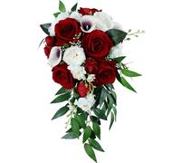 Fouriding Bouquet de mariage rouge vin pour mariée, cascade, fleurs artificielles tenant des fleurs pour cérémonie, anniversaire, fête prénuptiale, décoration de mariage