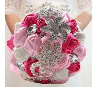 Fouriding Bouquet de Mariée Mariage Broche Rose Fleurs Nuptiale Bouquet Ruban avec Perles Strass Maison Decoration Fournitures de Mariage Rose