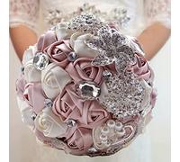 Fouriding Bouquet de Mariée Mariage Broche Rose Fleurs Nuptiale Bouquet Ruban avec Perles Strass Maison Decoration Fournitures de Mariage Rose