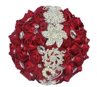 Fouriding Bouquet de Mariée Mariage Broche Rose Satin Fleur avec Ruban Cristal Strass Decoration Mariage Maison Fête Soirée (Bourgogne)