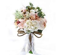 Fouriding Bouquet de Mariée Mariage Pivoines Fleur Artificielles avec Ruban Dentelle Fleur de Style de Campagne