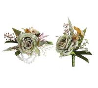 Fouriding Ensemble de Corsage de Poignet Vintage Vert Ensemble de Boutonnières Fleur Artificielle de Mariage Décor de Costume pour Marié Décor de Fête de Banquet