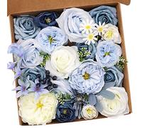 Fouriding Fleurs Artificielles Fausses Roses pour Bouquets de Mariage Bouquets Centerpieces Arrangements Saint Valentin Fête des Mères Baby Shower Birthday Cake Home Decoration (Bleu Blanc)