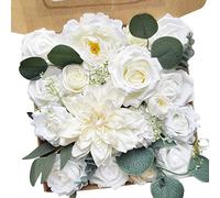 Fouriding Fleurs Artificielles Fausses Roses pour Bouquets de Mariage Bouquets Centerpieces Arrangements Saint Valentin Fête des Mères Baby Shower Birthday Cake Home Decoration (Blanc Pur)