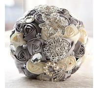 Fouriding Luxueux Bouquet de Mariee Mariage Fleurs Nuptiale Bouquet Rose Ruban avec Perles Strass Maison Decoration Fournitures de Mariage (Gris-Creme Blanc)