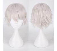 Fouriding Perruque Courte Unisexe Perruque Courte Cosplay Prom Hair Fluffy Layered Heat Resistant Cheveux synthétiques pour Femme Homme Garçon Fille Fête Halloween Costume Cosplay (Blanc argenté)