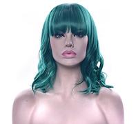 Fouriding Perruque Multicolore Femme Cheveux Bouclés Spirale avec Frange Perruque Synthétique Sexy Résistant à la Chaleur Parti Halloween Vert