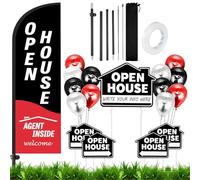 Fournitures d'agent immobilier, panneaux portes ouvertes pour immobilier, 1 drapeau ouvert avec kit de poteau, lot de 5 panneaux double face avec piquets métalliques et 12 ballons et rubans