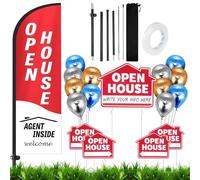 Fournitures d'agent immobilier, panneaux portes ouvertes pour immobilier, 1 lot de drapeaux ouverts avec kit de poteau, lot de 5 panneaux double face avec piquets en métal et 12 ballons et rubans