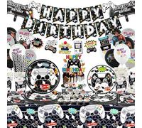 Fournitures d'anniversaire de jeu vidéo, y compris bannière, assiettes, tasses, tourbillons suspendus, serviettes, nappes, pour garçons et enfants, décorations de fête d'anniversaire pour 20 invités