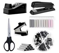 Fournitures de bureau, dossiers, accessoires de bureau noirs, agrafeuse et distributeur de ruban (avec dissolvant d'agrafes), agrafes, porte-stylos, trombones, ciseaux, lot de