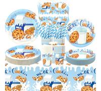 Fournitures de fête au lait et biscuits - Vaisselle de fête au lait et biscuits - Assiettes à dessert, assiettes, tasses, serviettes, nappes, pailles pour lait et biscuits, fournitures de fête