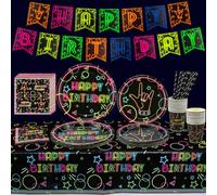 Fournitures de Fête au Néon Lumineux - Glow Thème Joyeux Anniversaire Bannière, Assiettes, Serviettes, Tasse, Nappe et Pailles En Papier pour Décorations de Fête Blacklight Neon, pour 20 Invités