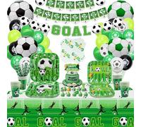 Fournitures de fête d'anniversaire de football - y compris sacs, bracelets en silicone de football, assiettes, tasses, serviettes de table, nappes, ballons, banderole - pour 20 personnes.