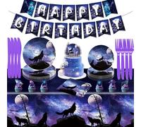 Fournitures de fête d'anniversaire loup avec nappe sur le thème du loup, bannière, assiette en papier, serviette, gâteau et décorations pour fête sur le thème des animaux sauvages, galaxie, loup