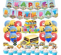 Fournitures de fête d'anniversaire pour bus scolaire - Décorations, bannière, décorations de gâteaux, ballons et cadeaux pour fête de bus scolaire