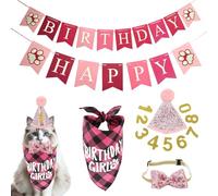 Fournitures de fête d'anniversaire pour chat, chapeau d'anniversaire chat avec autocollants chiffres, nœud papillon à paillettes, bandana à carreaux et bannière d'empreintes de pattes, décorations