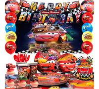 Fournitures de fête d'anniversaire pour voitures Disney, 116 pièces, décorations et voitures d'anniversaire Lightning Mcqueen, vaisselle de fête, ballons, assiettes de bannière... Rouge