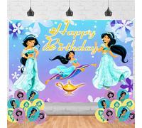 Fournitures de fête d'anniversaire Princesse Jasmine pour filles et garçons, y compris toile de fond « Happy Birthday », 18 ballons roses, violets, bleus