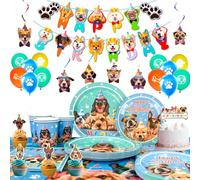 Fournitures de Fête d'anniversaire sur le Thème Inclure Assiettes de fête pour Chien,Tasses Serviettes Nappe Ballons Bannière ect Decoration Anniversaire Chien, pour 16 invités