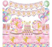 Fournitures de fête de fées: assiettes, verres, nappes, bannières de joyeux anniversaire, ballons, décorations de gâteau de fête d'anniversaire pour filles avec fleurs et fées
