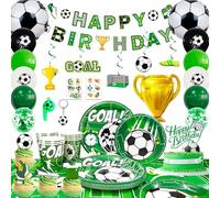 Fournitures de Fête de Football,113pcs Decoration Anniversaire Foot & Vaisselle Football Anniversaire Kit- Assiette Foot Anniversaire Tasses Nappe Bannière Ballons etc Décorations de Fête de Football