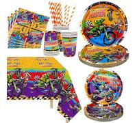 Fournitures de fête pour motocross, comprenant assiette, serviette, gobelets, nappe, pour enfants garçons filles motocyclette sports extrêmes décorations d'anniversaire, 20 personnes (20 personnes)