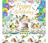 Fournitures de fête pour oiseaux, comprend une toile de fond « Happy Birthday », des assiettes, des nappes, des tasses, des ballons et des pailles, pour décoration de fête prénatale sur le thème des