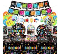 Fournitures de fête scientifique, comprend des bannières « Happy Birthday », des assiettes, des nappes, des tasses, des ballons et des pailles, pour décoration de laboratoire Little Scientist pour 20