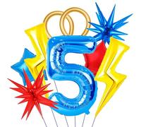 Fournitures de fête sur le thème du dessin animé, chiffre 5 ballons bleus, étoile bleue rouge, ballon éclair pour 5e anniversaire décorations garçon
