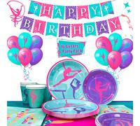 Fournitures pour fête d'anniversaire de gymnastique, 143 pièces Décorations de fête de gymnastique et kit de vaisselle - Assiettes et serviettes de gymnastique, gobelets, nappe, ballons, bannière, etc